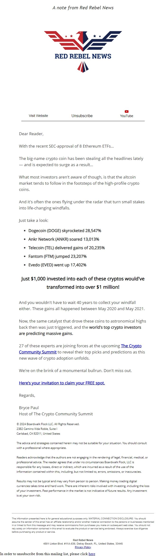 Screenshot of the email generated on import