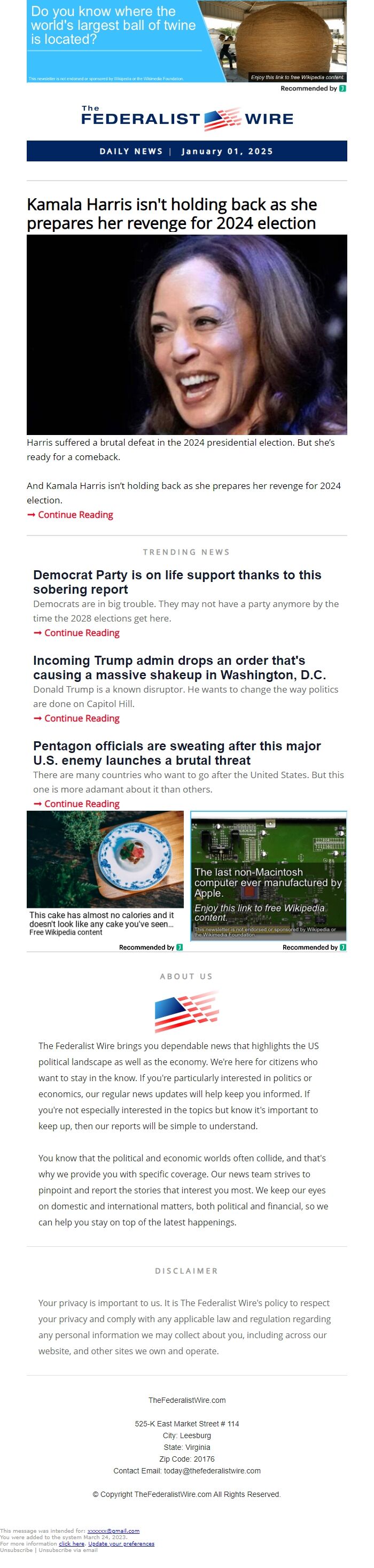 Screenshot of the email generated on import