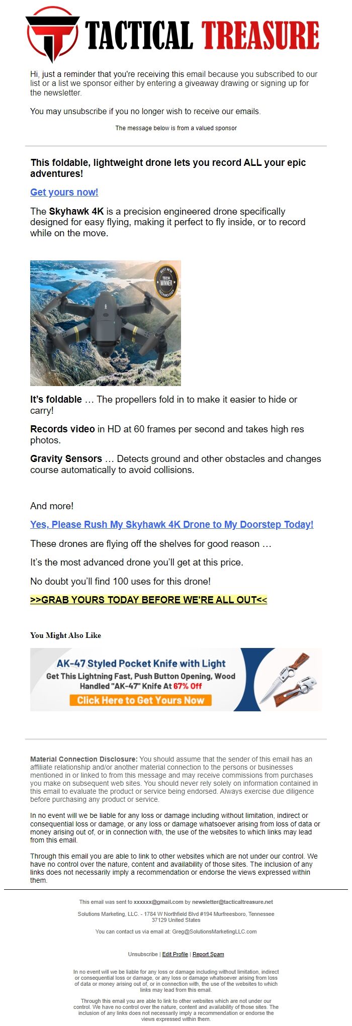 Screenshot of the email generated on import