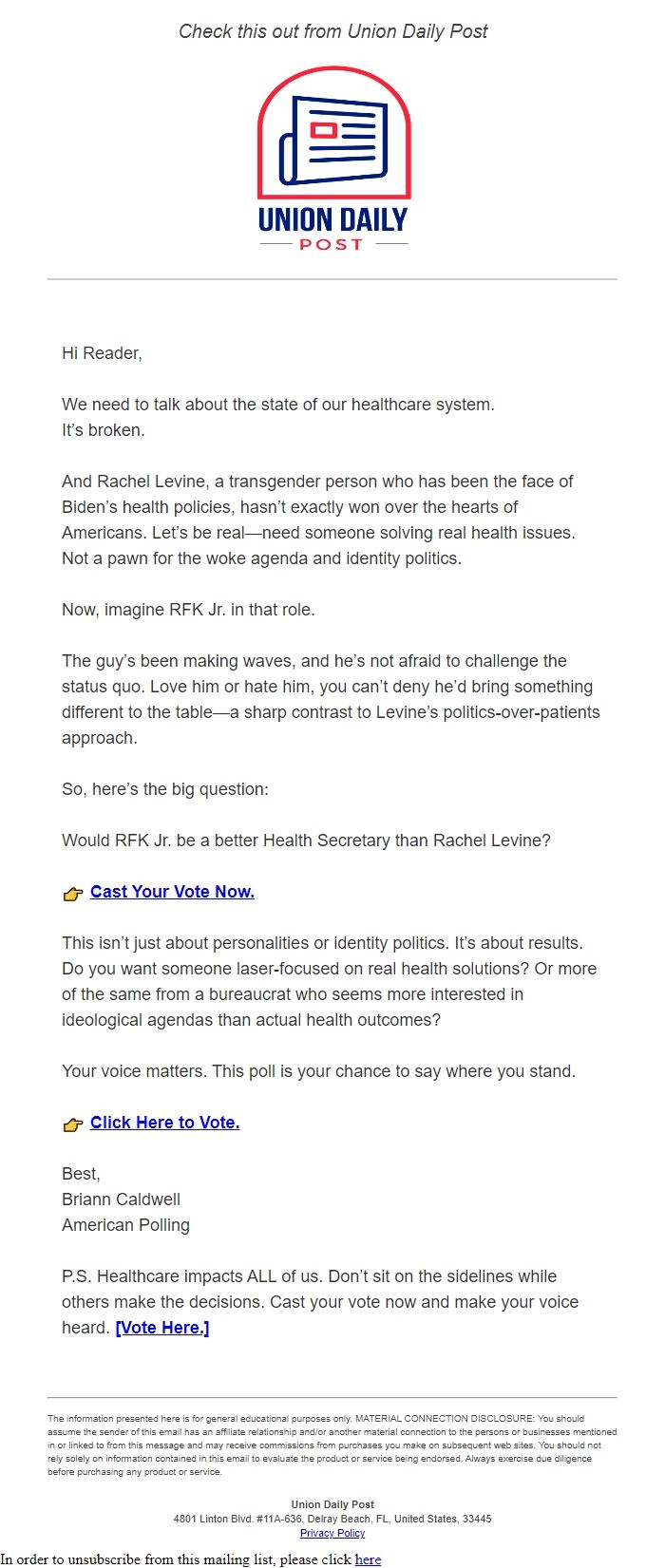 Screenshot of the email generated on import