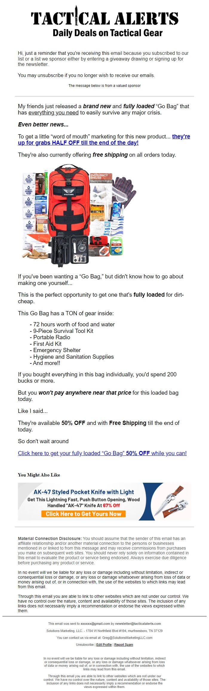 Screenshot of the email generated on import