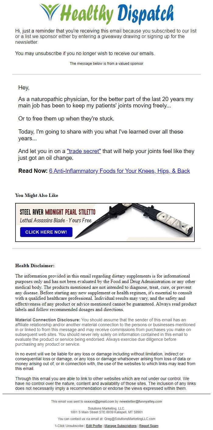 Screenshot of the email generated on import