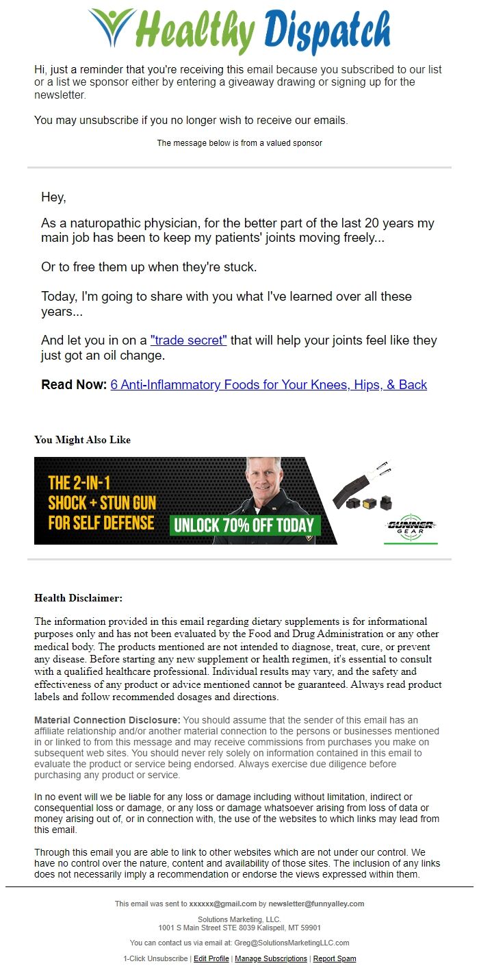 Screenshot of the email generated on import