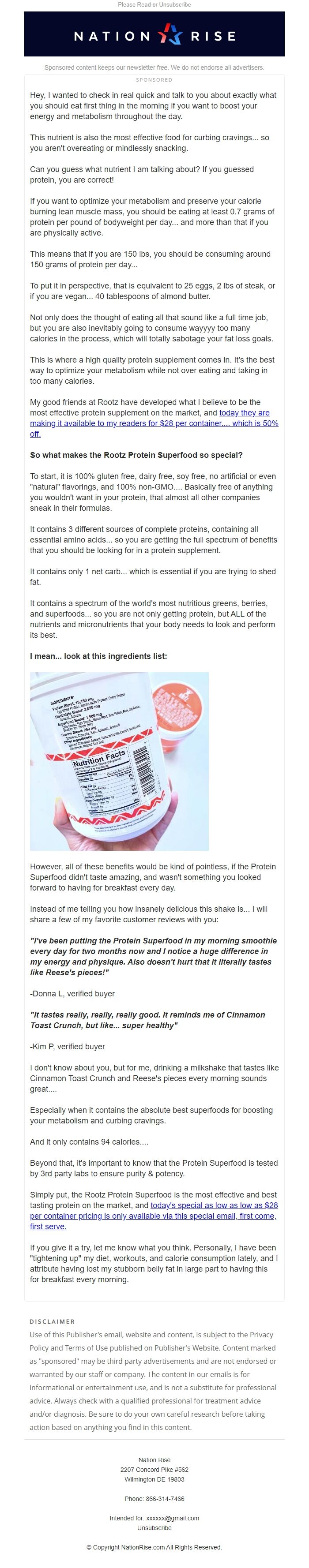 Screenshot of the email generated on import