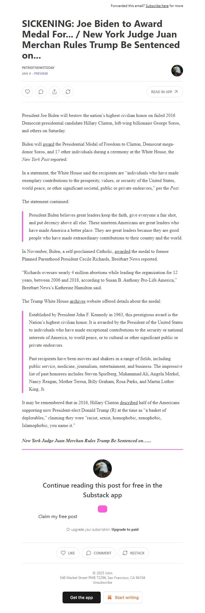 Screenshot of the email generated on import