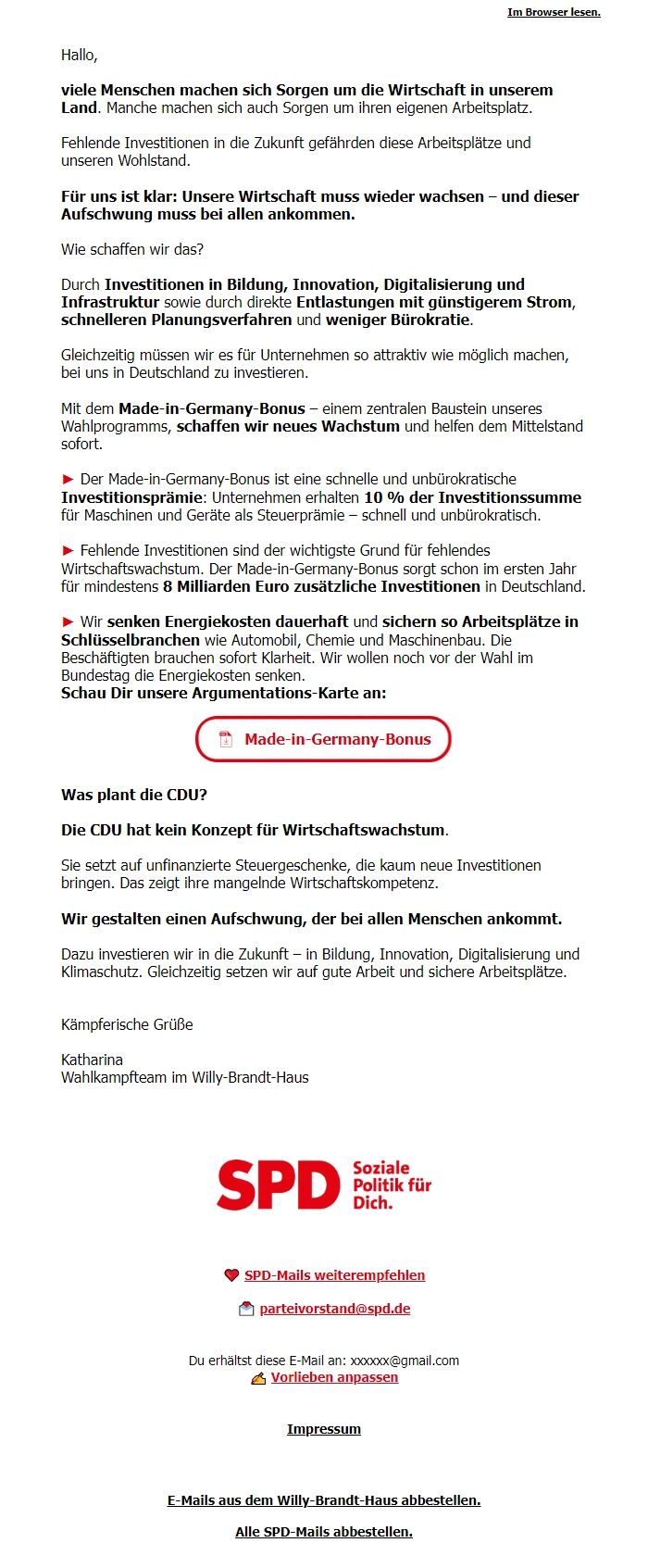 Screenshot of the email generated on import