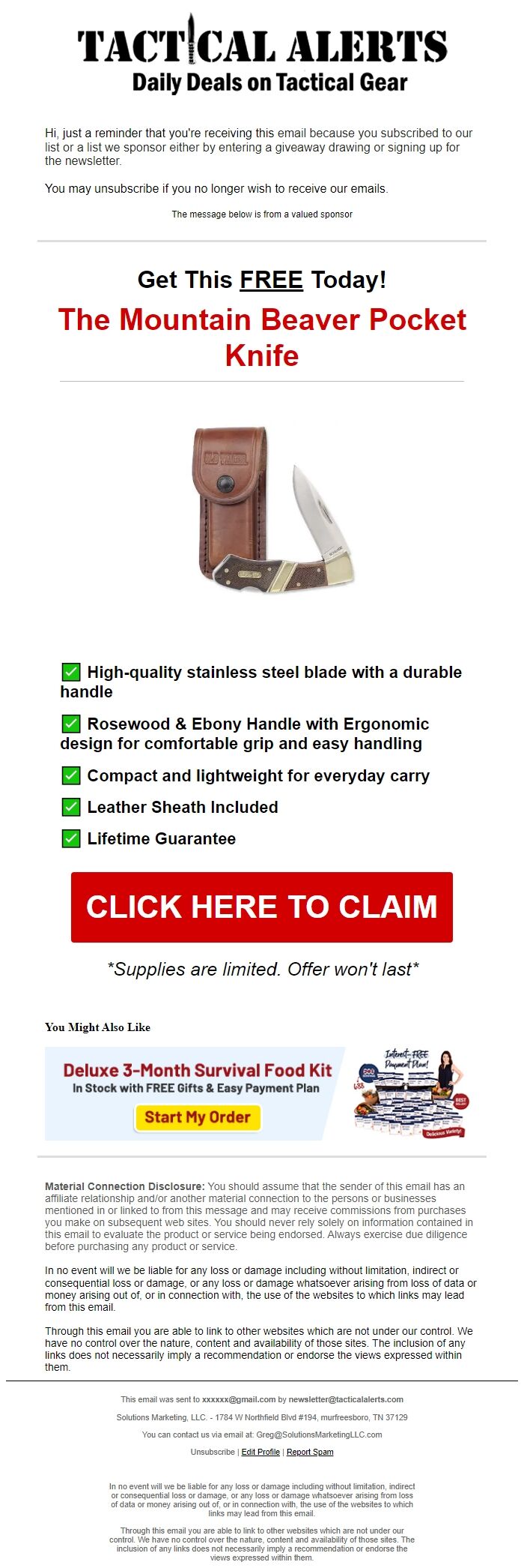 Screenshot of the email generated on import