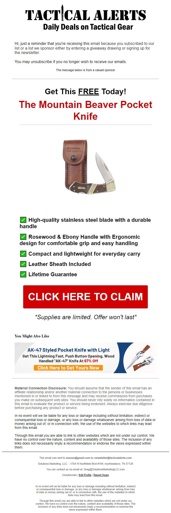 Screenshot of the email generated on import