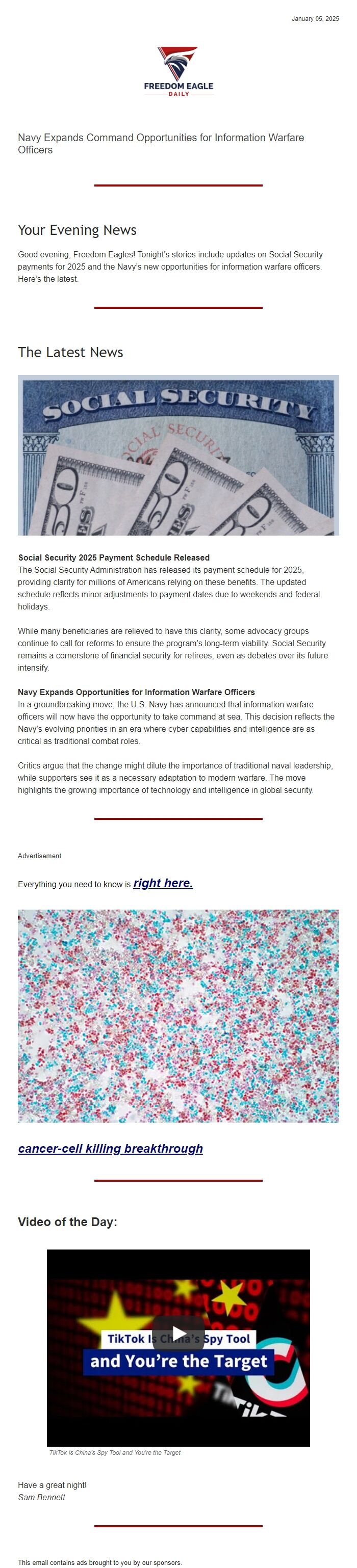 Screenshot of the email generated on import