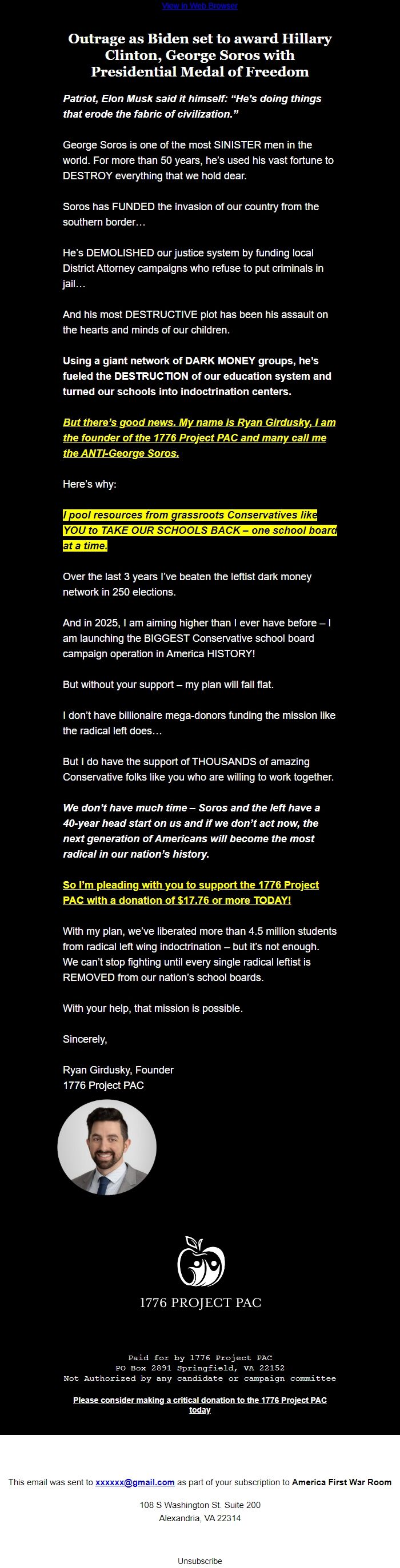 Screenshot of the email generated on import