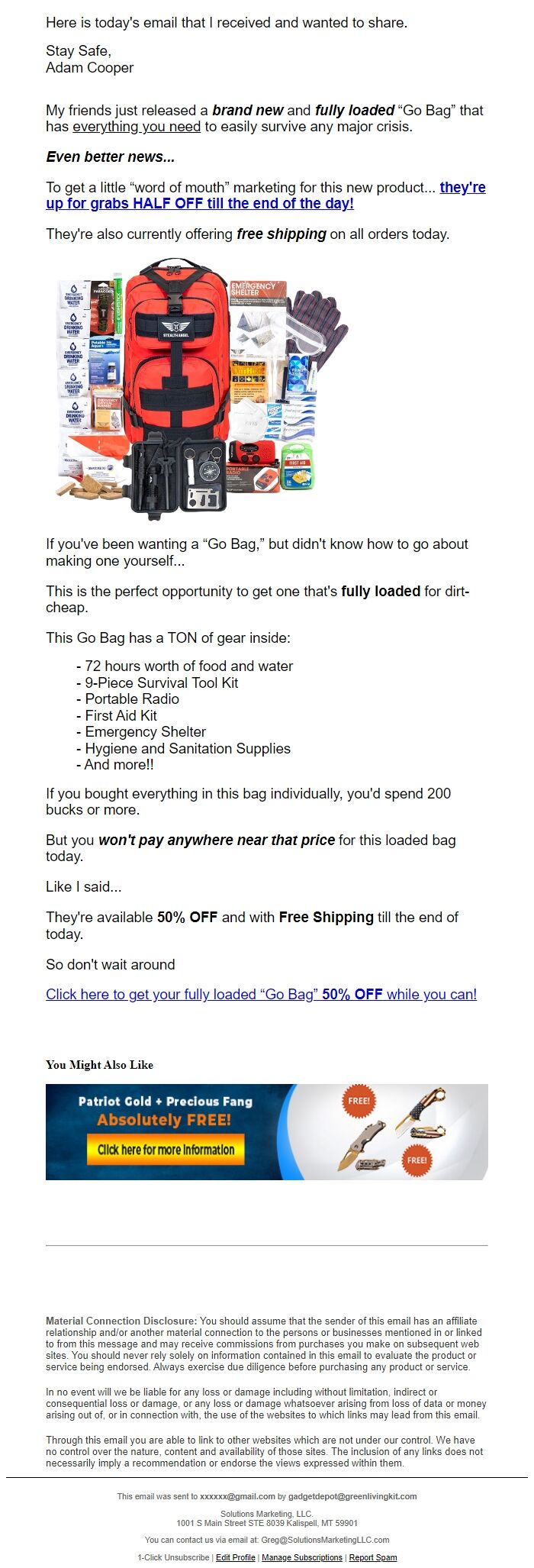 Screenshot of the email generated on import
