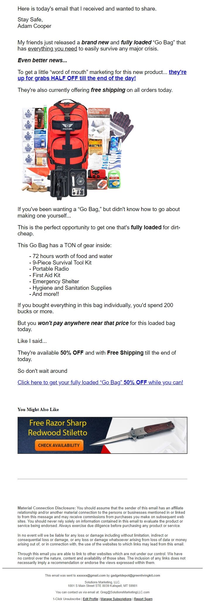 Screenshot of the email generated on import
