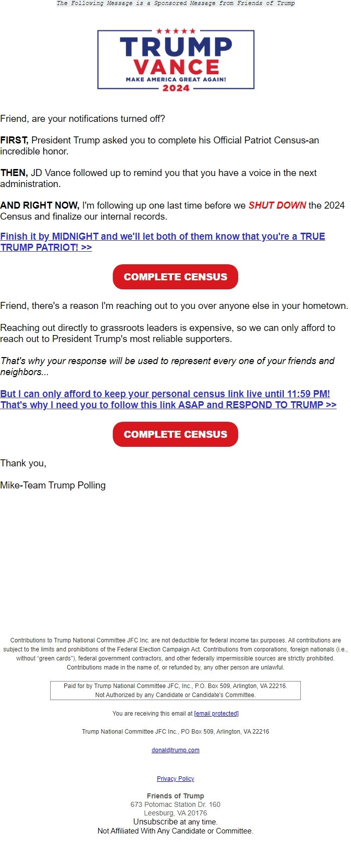 Screenshot of the email generated on import