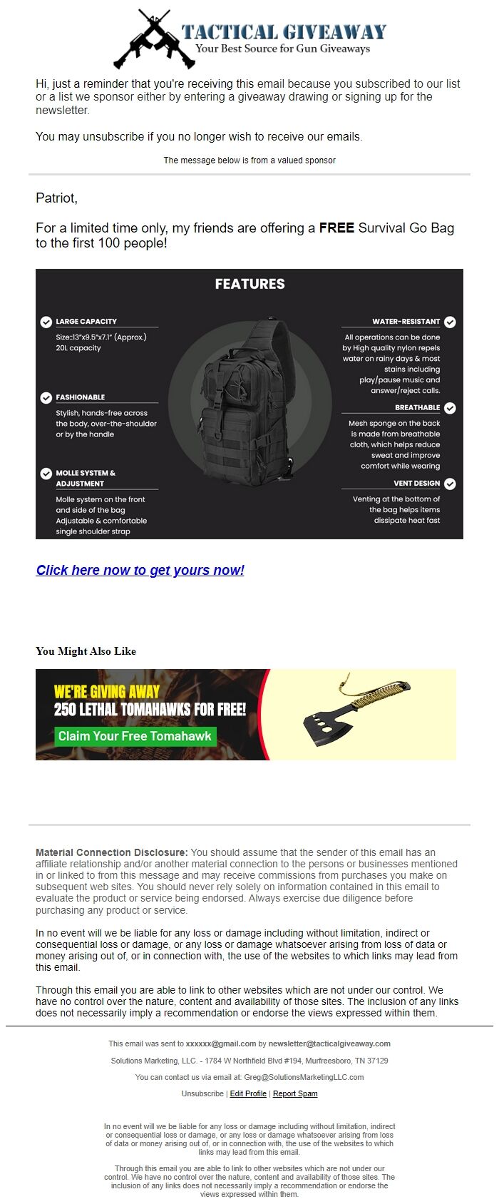 Screenshot of the email generated on import