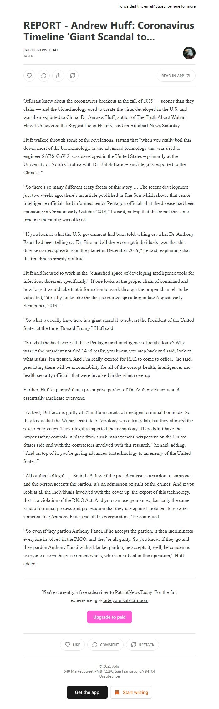 Screenshot of the email generated on import