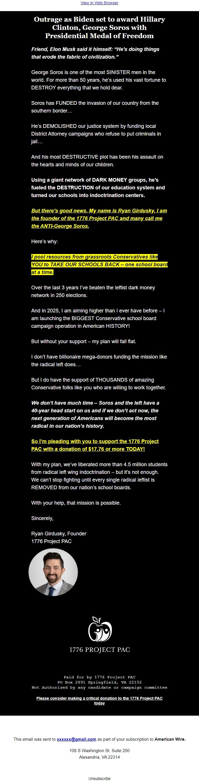 Screenshot of the email generated on import