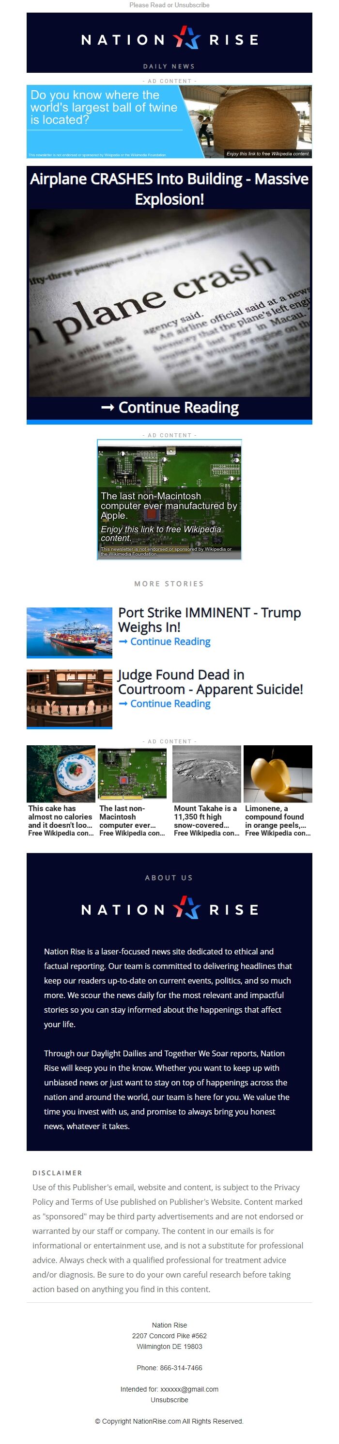 Screenshot of the email generated on import