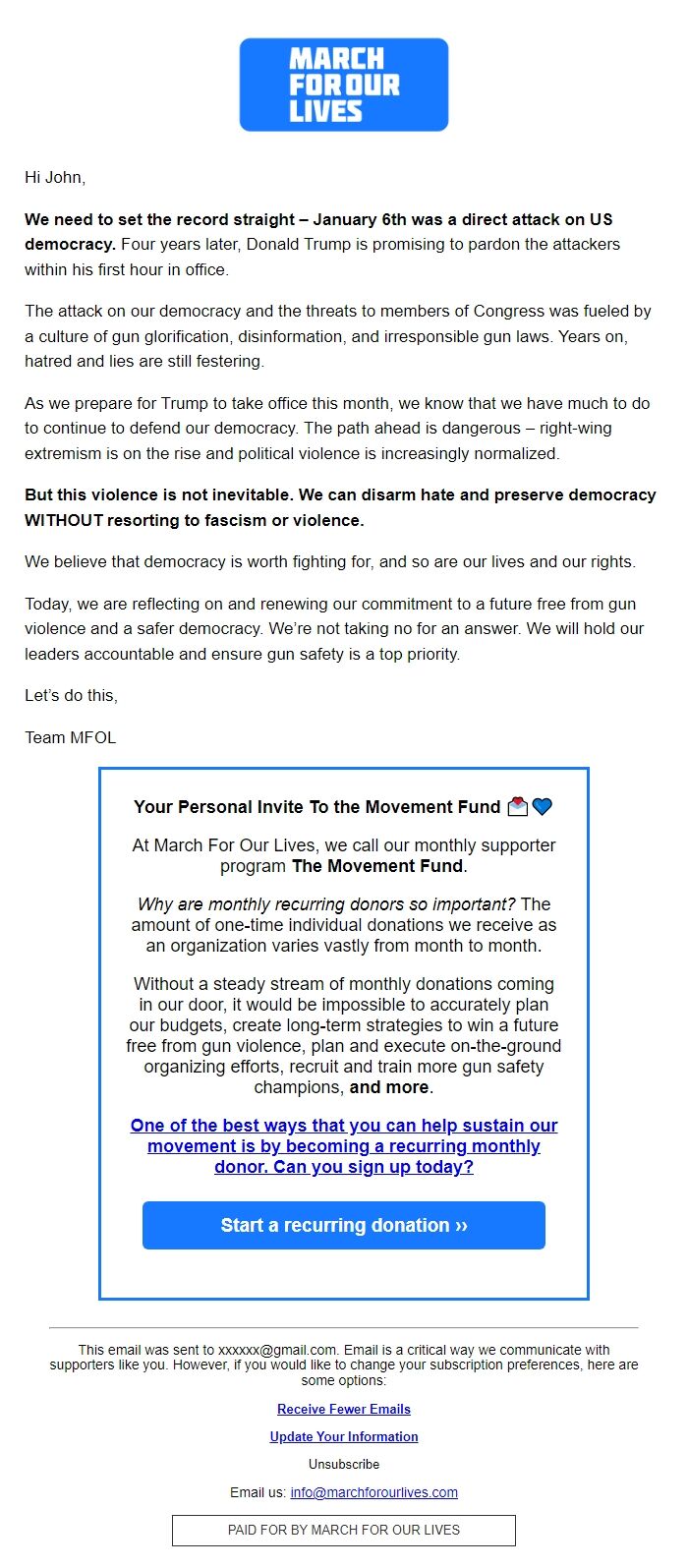 Screenshot of the email generated on import