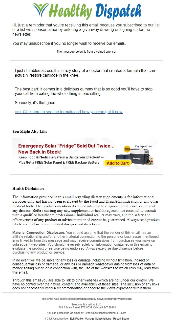 Screenshot of the email generated on import