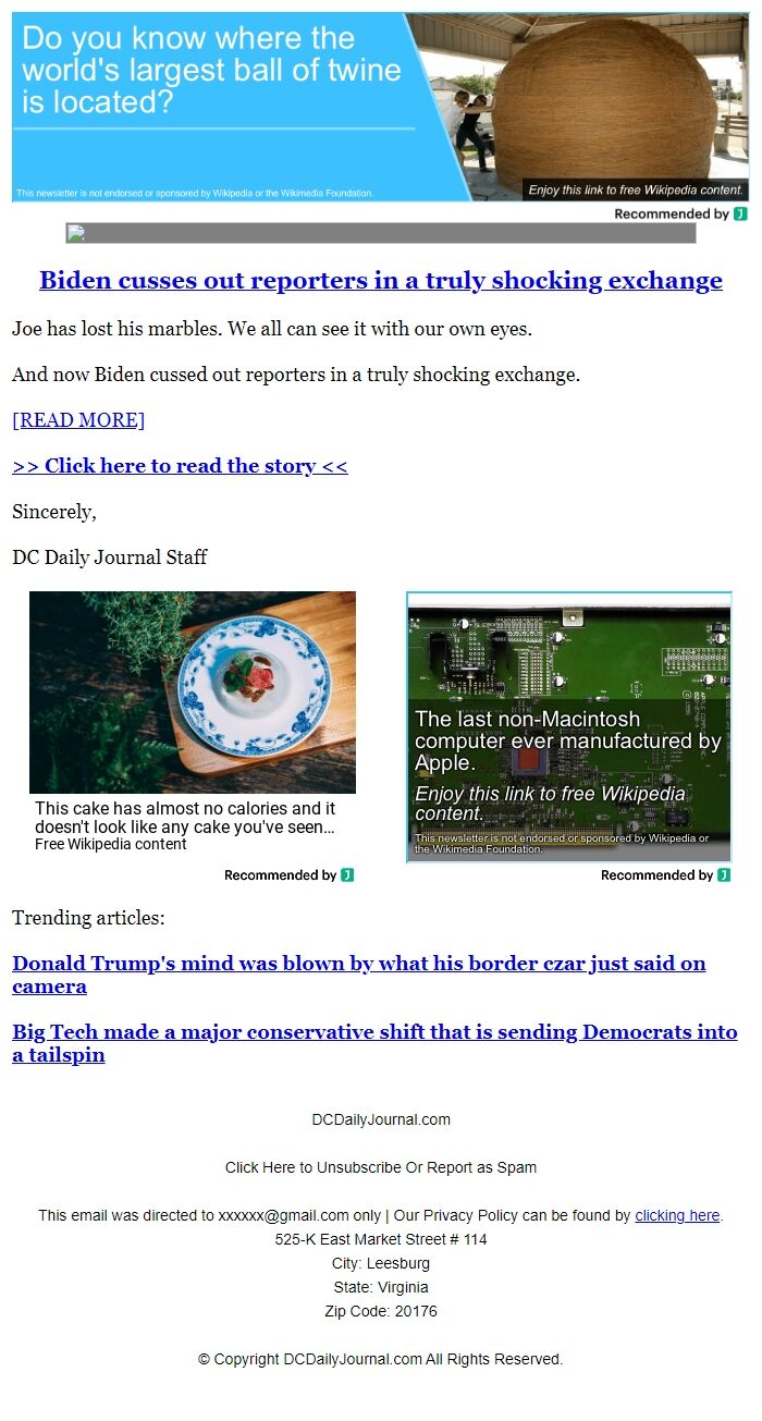 Screenshot of the email generated on import