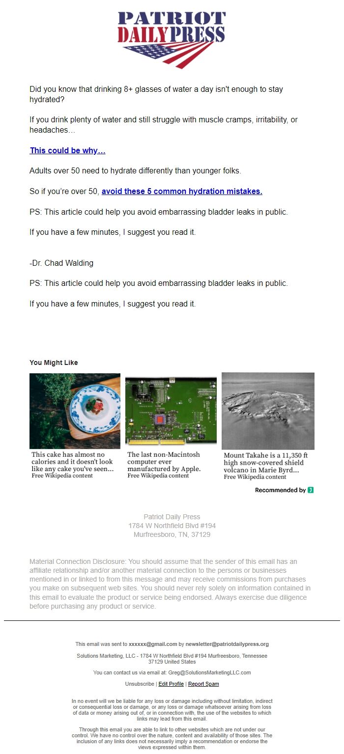 Screenshot of the email generated on import