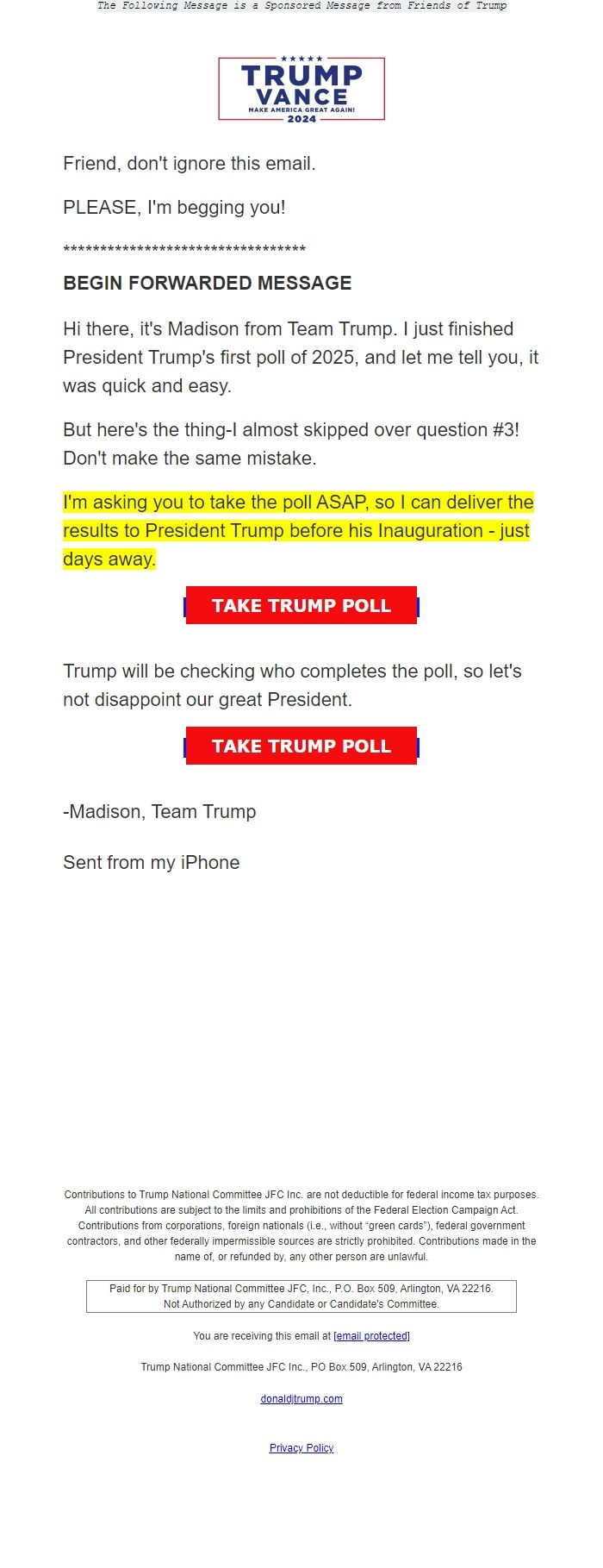 Screenshot of the email generated on import
