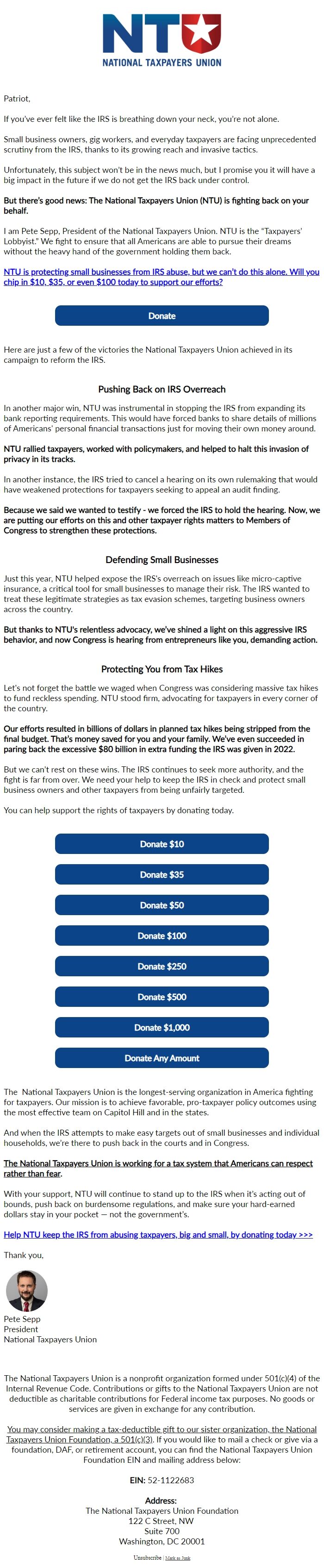 Screenshot of the email generated on import