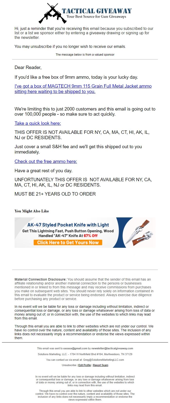 Screenshot of the email generated on import