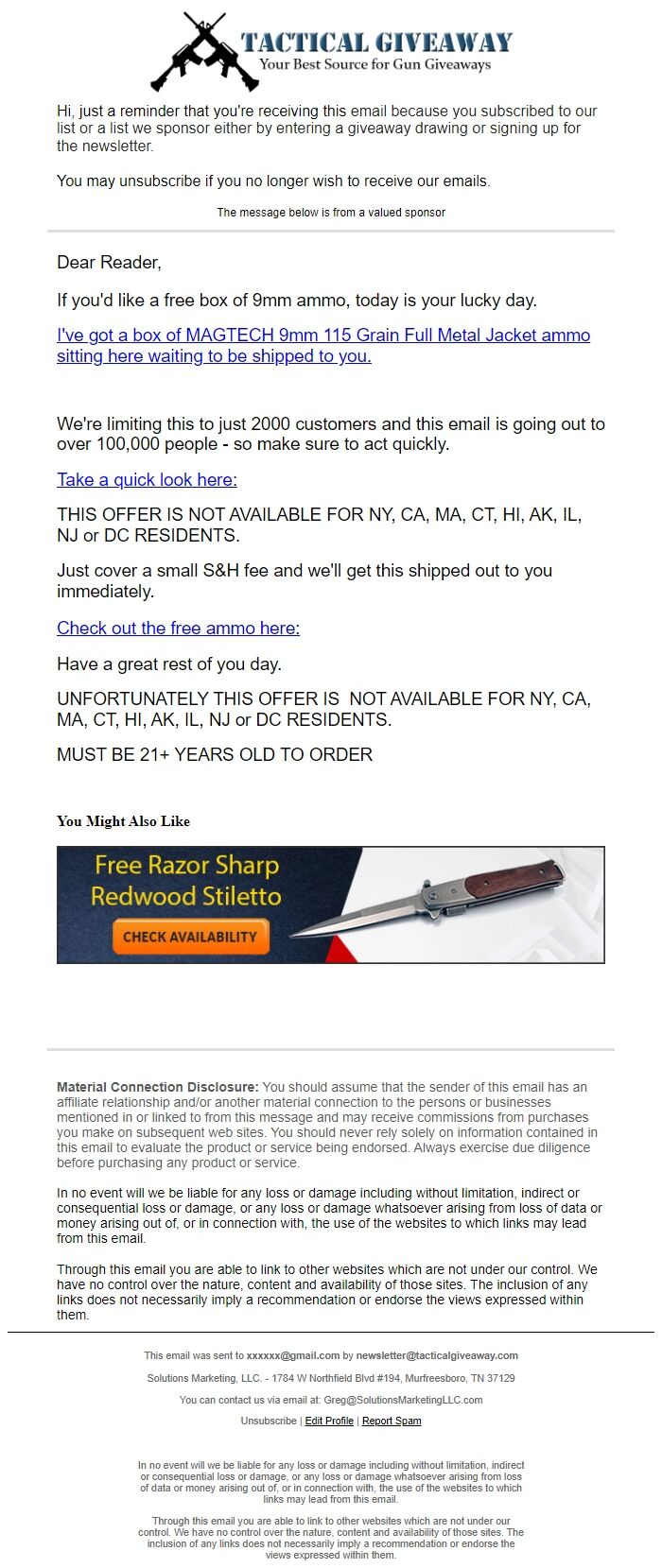 Screenshot of the email generated on import