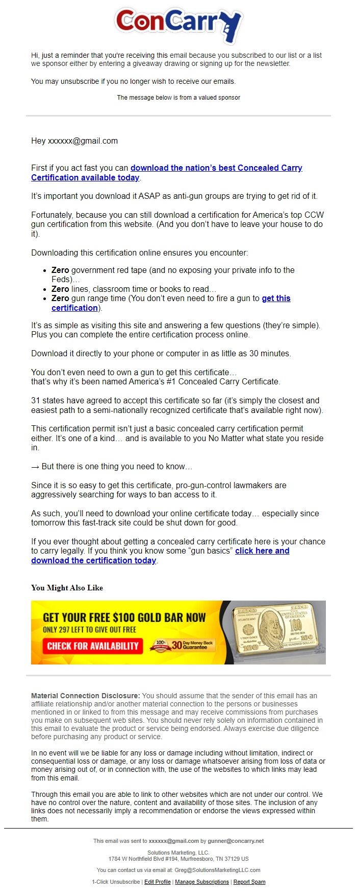 Screenshot of the email generated on import