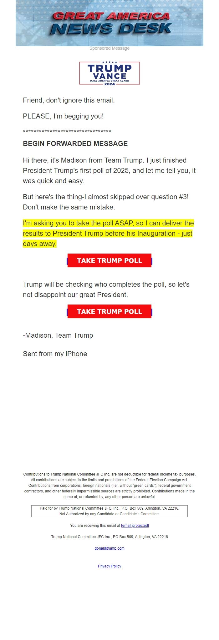 Screenshot of the email generated on import
