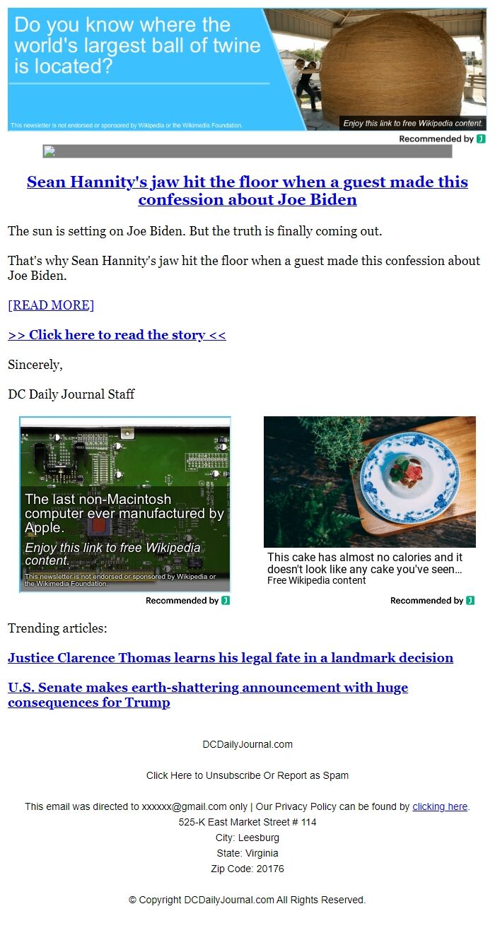 Screenshot of the email generated on import