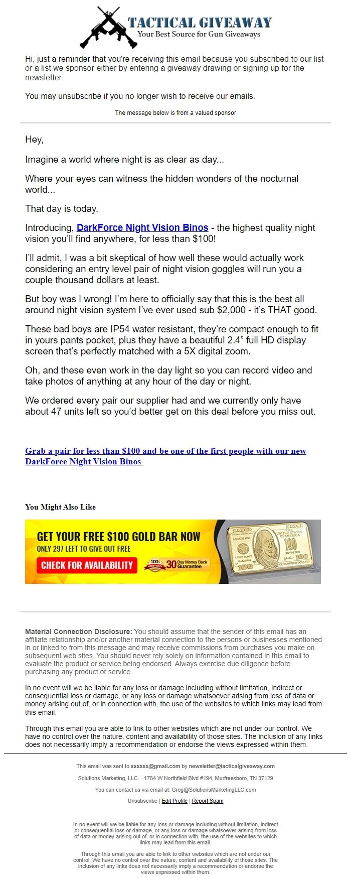 Screenshot of the email generated on import