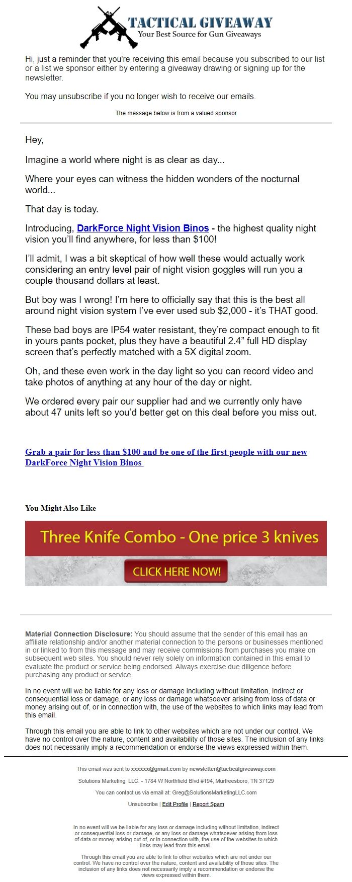 Screenshot of the email generated on import