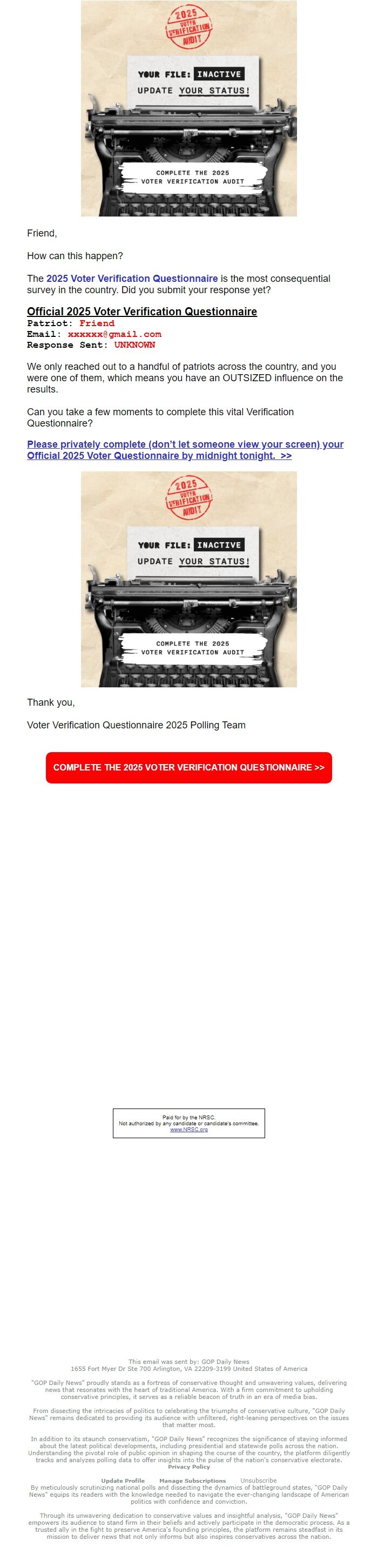 Screenshot of the email generated on import