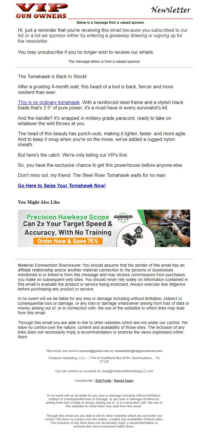Screenshot of the email generated on import