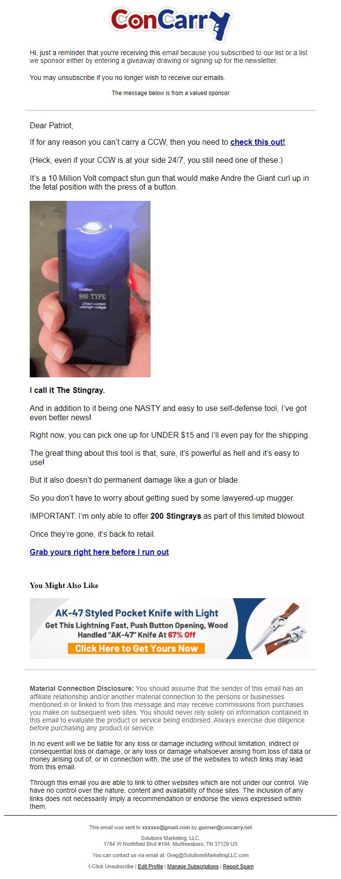 Screenshot of the email generated on import