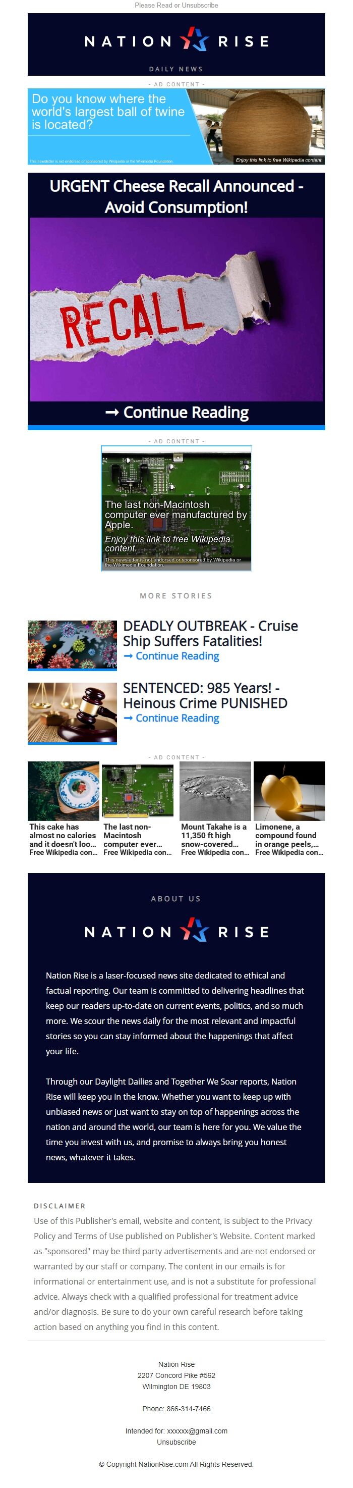 Screenshot of the email generated on import