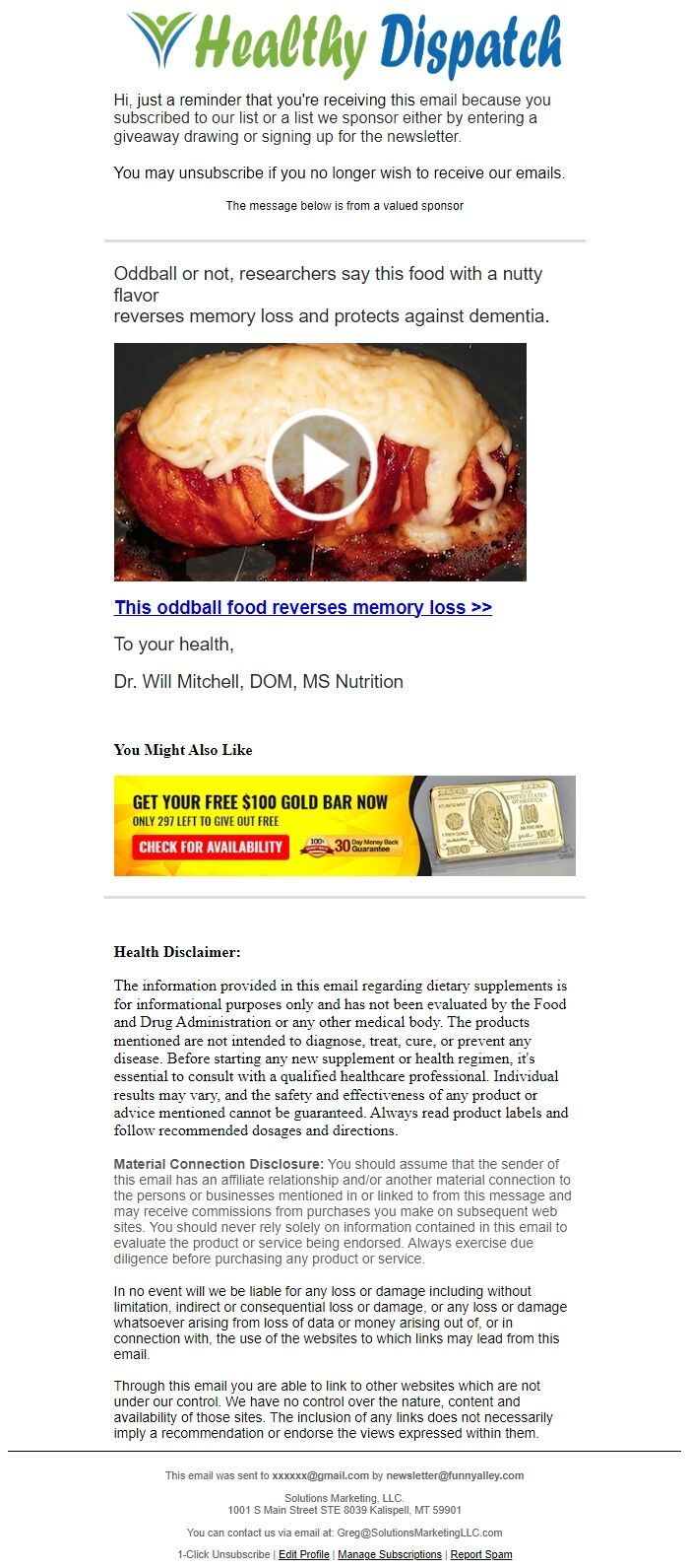Screenshot of the email generated on import