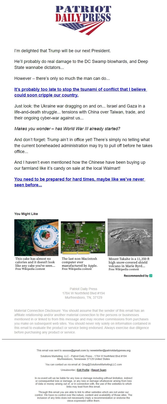Screenshot of the email generated on import