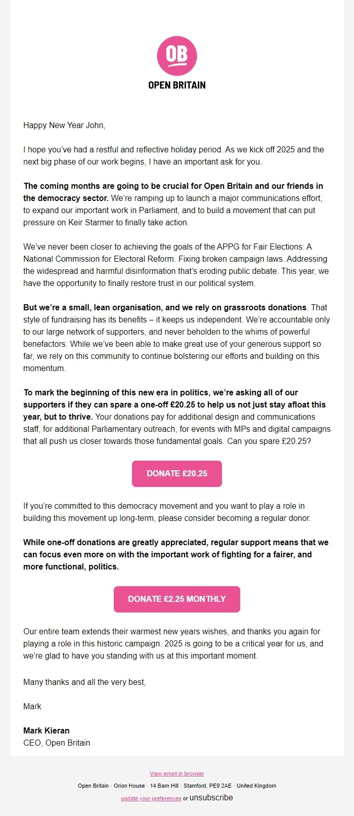 Screenshot of the email generated on import