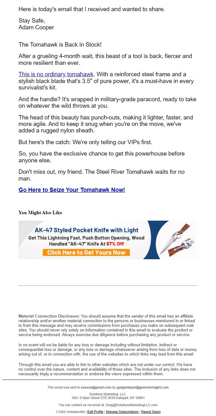 Screenshot of the email generated on import