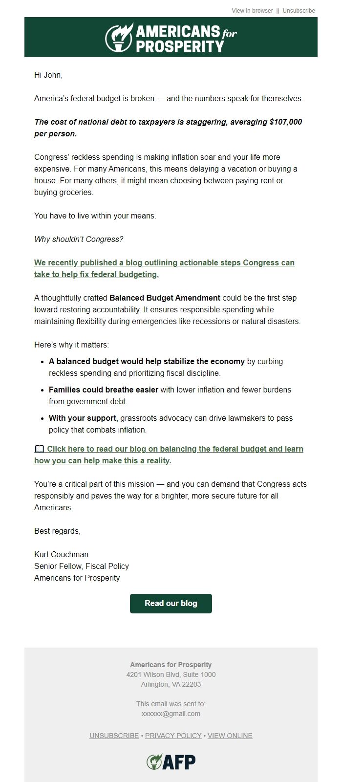 Screenshot of the email generated on import
