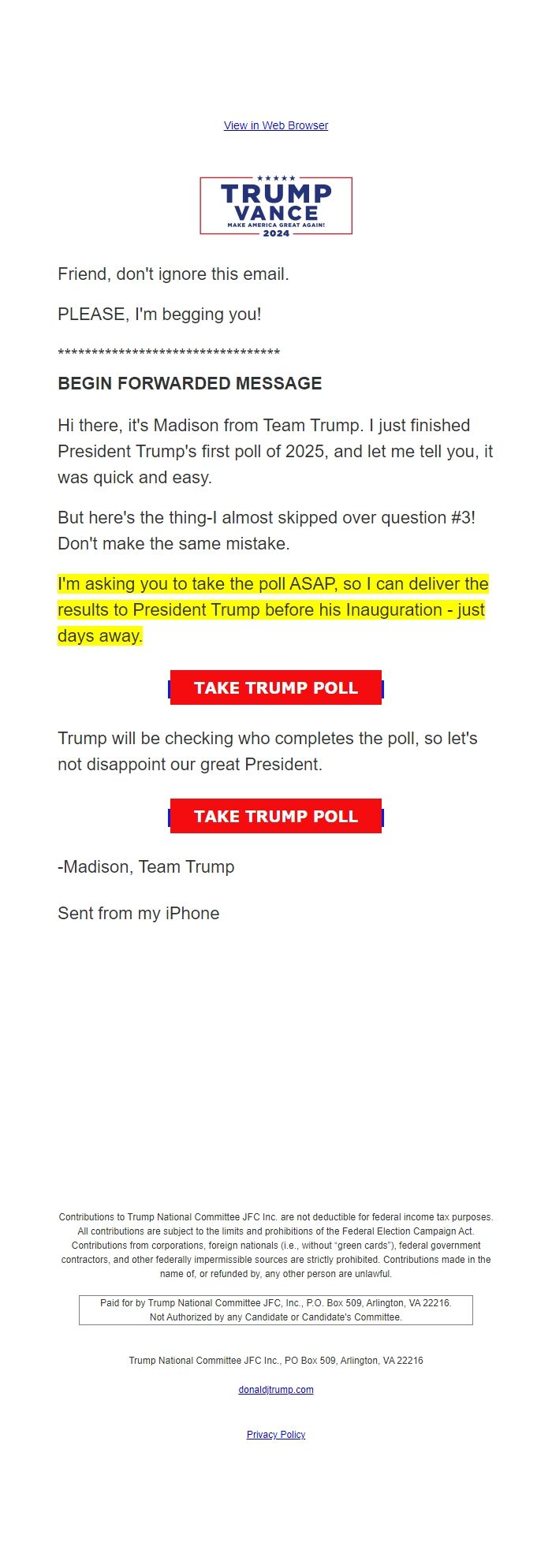 Screenshot of the email generated on import