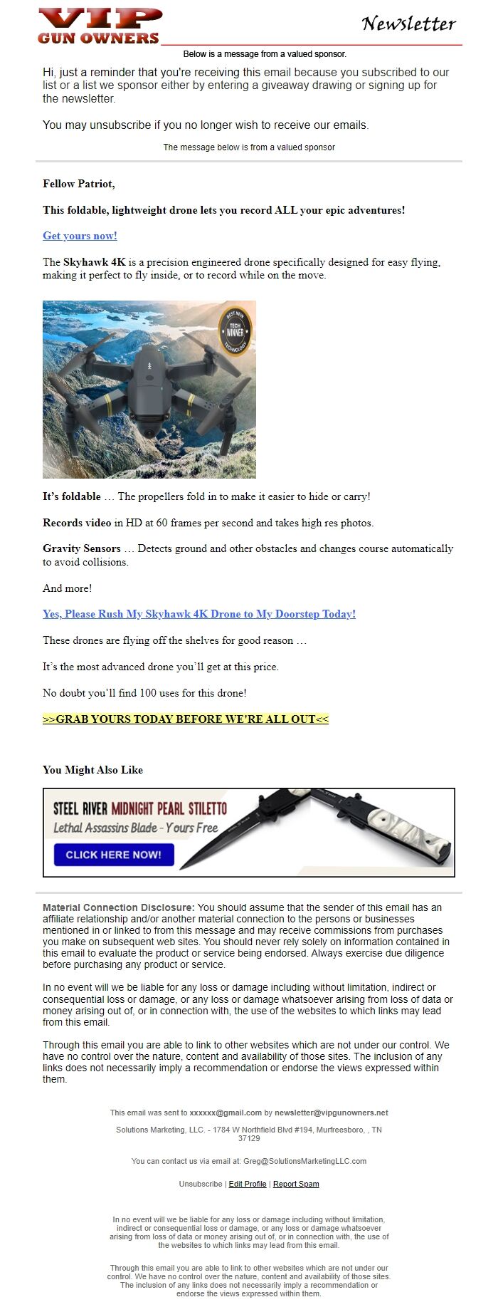 Screenshot of the email generated on import