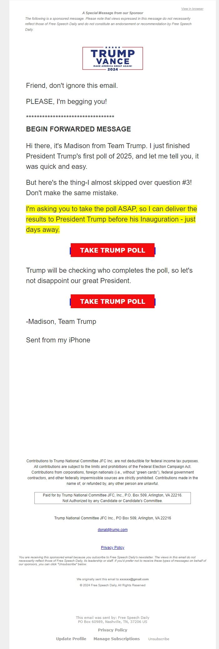 Screenshot of the email generated on import