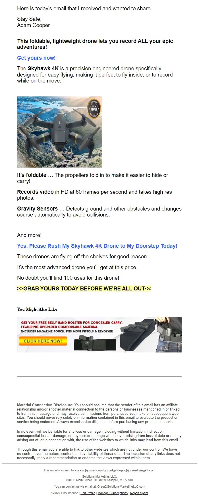 Screenshot of the email generated on import