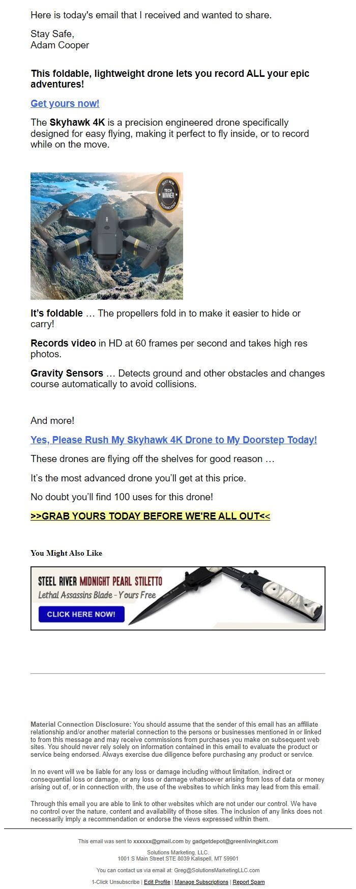 Screenshot of the email generated on import