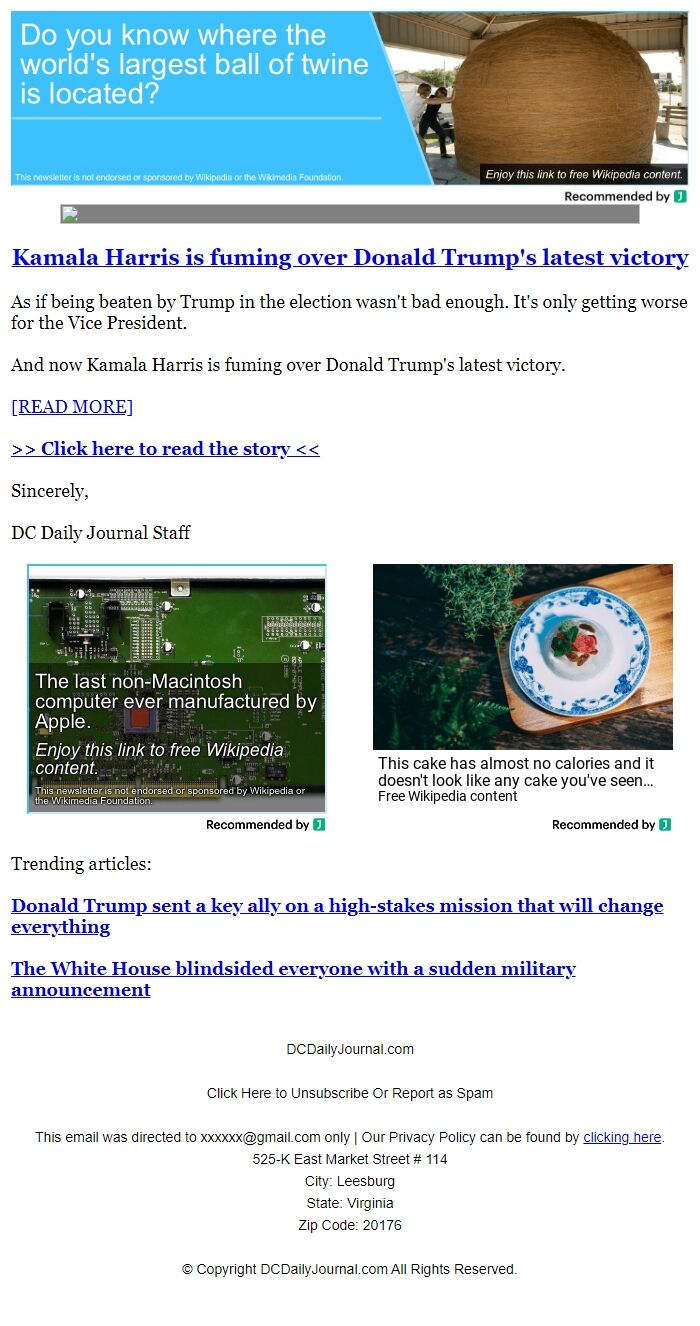 Screenshot of the email generated on import