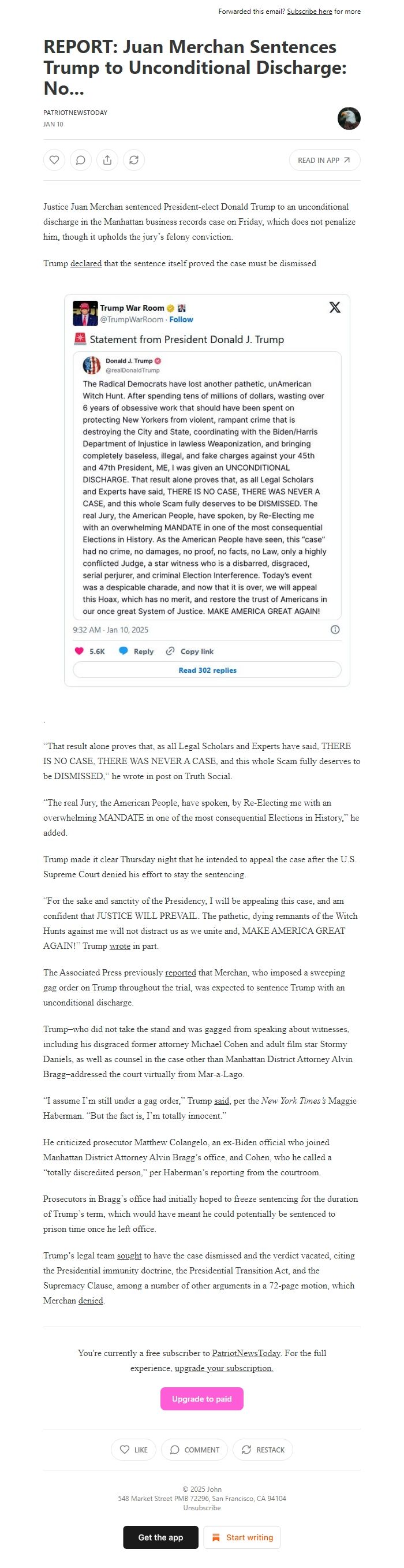Screenshot of the email generated on import